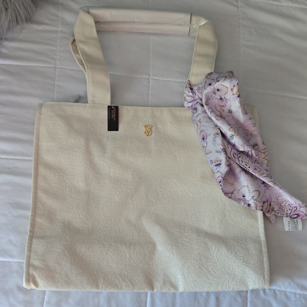 Victoria S Elegant Cream Tote Bag with Scarf